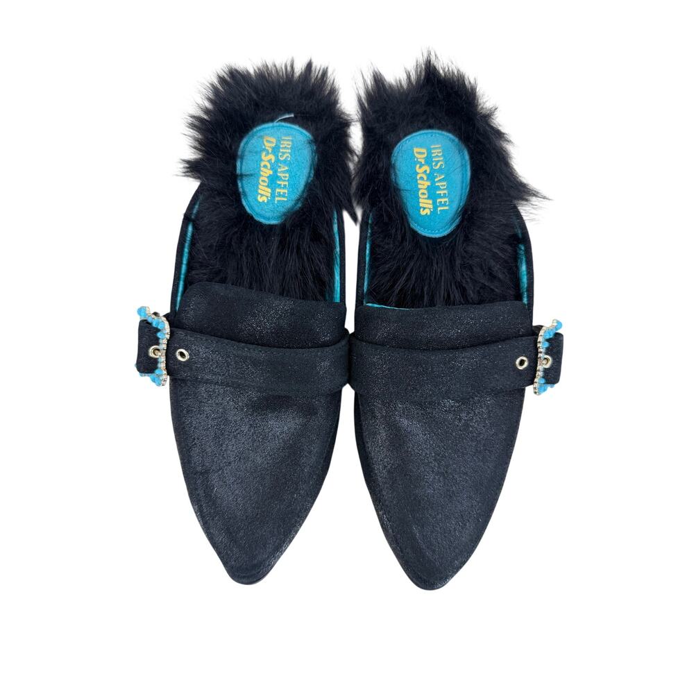 Dr. Scrolls x Iris Apfel Leather Faux Fur Mule Size 8 Black Artsy Maximalist